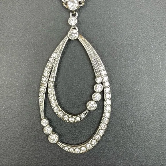 Monet Silver Tone Necklace Teardrop Pendant Clear Rhinestone Gemstones REPAIR - Picture 2 of 3